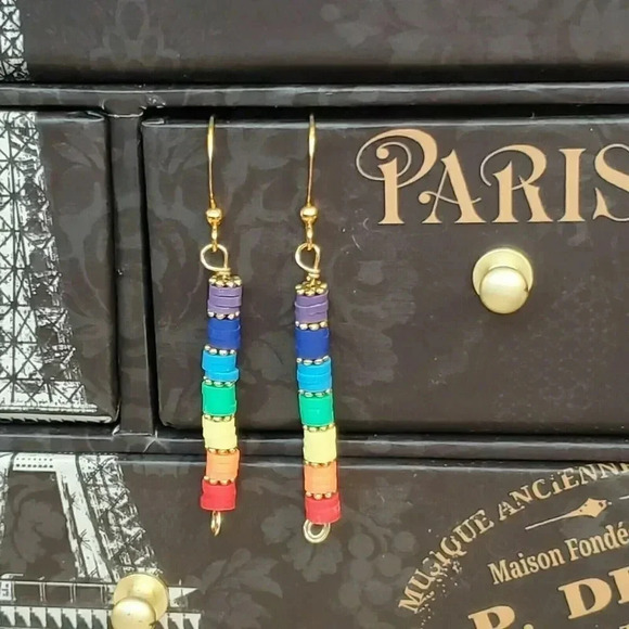 Rainbow LGBTQ Chakras Yoga Pride Beads Hand Crafted Gold Plated Earrings - Picture 1 of 10